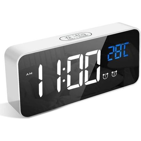 Réveil numérique LED avec miroir, luminosité réglable sur 4 niveaux, affichage 12/24 heures, modèle blanc pour bureau ou chevet (1/5)