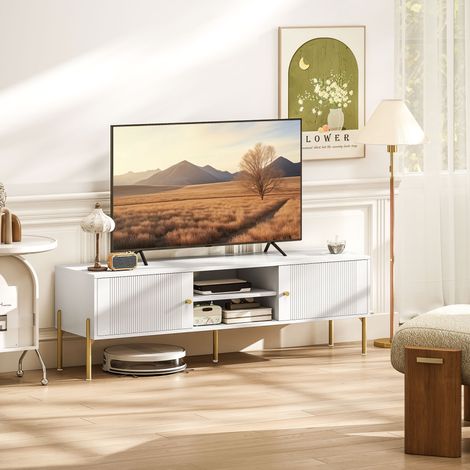 Mobile porta TV moderno con 2 ante, 2 ripiani a giorno e fori passacavi per TV da 65 pollici, 140x38x45,9 cm, bianco.