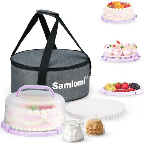 Support à gâteau avec couvercle et poignée, sans BPA avec couvercle pour porte-gâteau rond de 25,4 cm avec 10 planches à gâteau rondes dorées et sac isotherme portable (violet) (1/5)