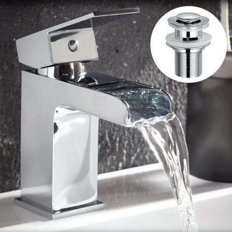 Solid Brass Chrome Waterfall Basin Sink Mixer Tap & Clicker Waste (1/4)