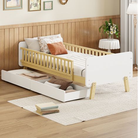 Lit enfant 90/190 cm blanc en bois massif avec 2 tiroirs (1/5)
