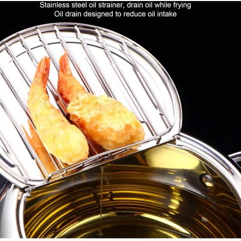 Japanische Tempura-Fritteuse mit Thermometer, Edelstahl-Tempura-Fritteuse mit Ölfilter, Mini-Edelstahl-Fritteuse, Universal-Induktionsherd, große Größe 24 cm, zum Frittieren von Tempura, Hühnchen F FL (1/4)