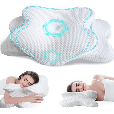 Coussin de nuque - Oreiller ergonomique - Douleurs au cou pour les côtés, le dos et le ventre - Coussin en mousse à mémoire de forme avec housse de coussin amovible - Blanc (1/5)