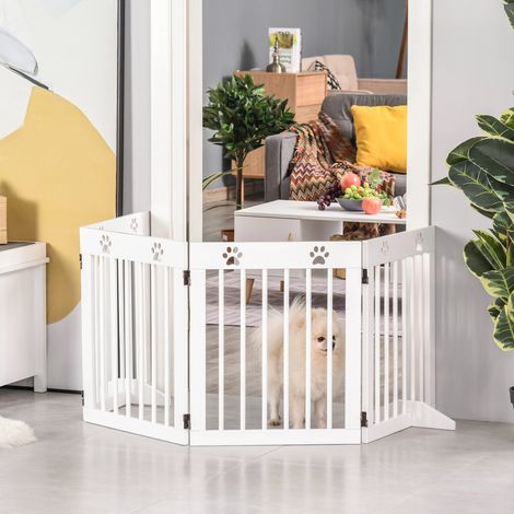 PawHut Sicherheitsgitter, modulares Faltgitter für Haustiere, 4-teilig, Kiefernholz massiv, 204 x 30 x 61 cm, Weiß
