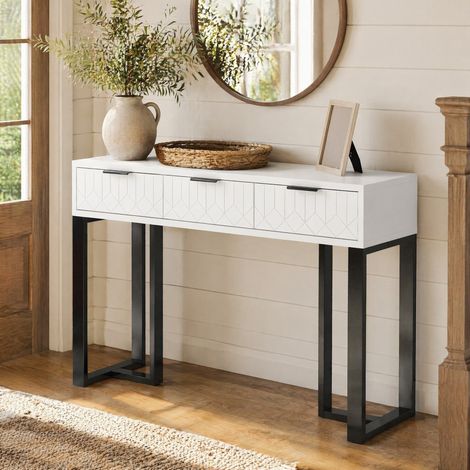 Consola con 3 cajones, 120 x 36 x 80 cm, MDF y aglomerado, blanco y negro HAVRYA (1/5)