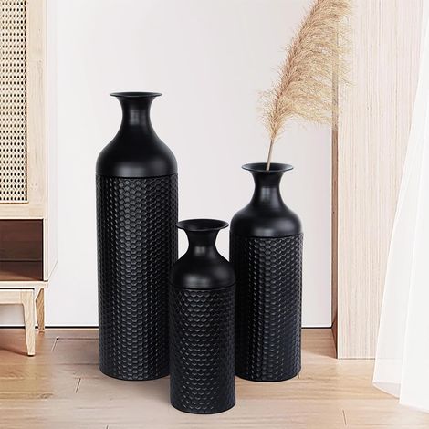 Lot de 3 grands vases noirs - 69/51/42 cm - En métal - Texture nid d'abeille moderne - Pour salon, coin maison, couloir - Avec surface lisse (1/5)