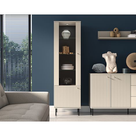 Wohnzimmer Vitrine SALOU-131 in kaschmir matt, goldfarbene Metallgriffe, B/H/T ca. 55/190/40 cm (1/5)