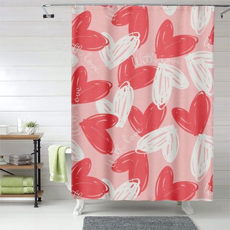 Rideau de douche motif Valentine doux, cœurs rouges, tissu salle de bain imperméable, 150x180 cm (1/5)