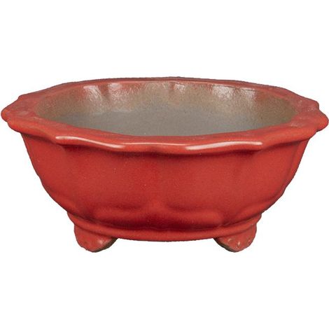 Vaso per bonsai rotondo (forma a fior di loto) in gres smaltato rosso 12,5x12,5x5 cm - A003 (1/2)
