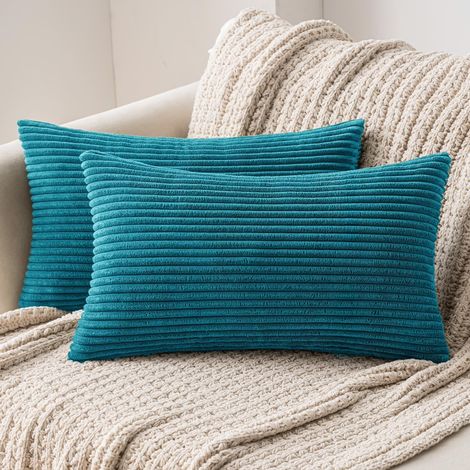 Lot de 2 Decorative Housse de Coussin en Velours Côtelé Canapé Taie d'oreiller Douce pour Maison Salon Chambre Clic Clac 30x50cm Bleu Lac (1/5)