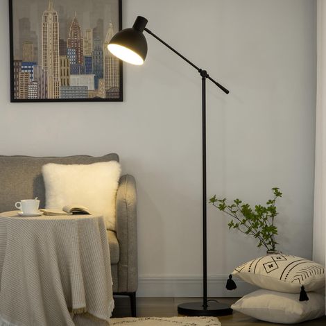 Lampadaire sur pied salon 40 W hauteur réglable, abat-jour et bras orientable, interrupteur à pied, culot E27, noir