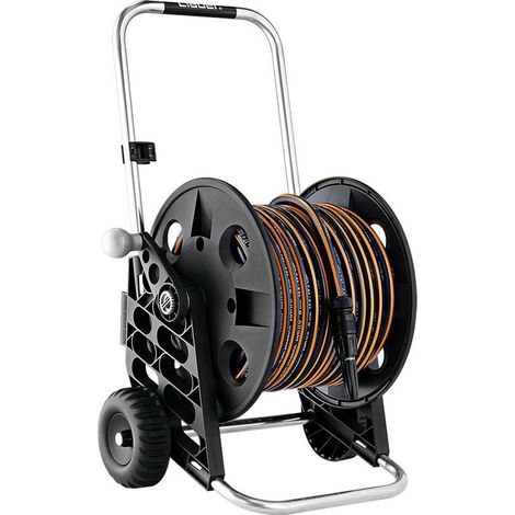 Claber Kit Pronto 30, carrello avvolgitubo manuale da giardino in plastica e alluminio con tubo e lancia