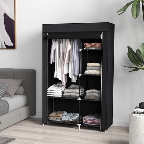 Armoire en tissu 103x43x162.5 cm noire en acier avec penderie, 6 étagères et housse zippée (1/5)