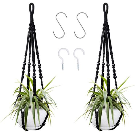 Suspension pour plantes d'intérieur en corde de coton noire, 85 cm, avec perles en bois, pour décoration intérieure, sans crochets, 2 paires (1/5)