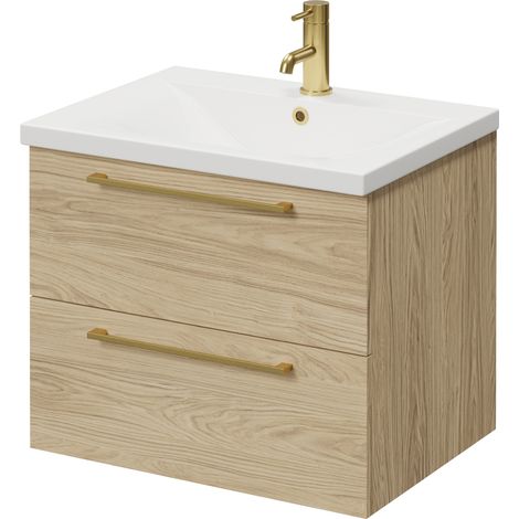 Napoli 460 Light Oak 600mm Wall Mounted 2 Drawer Vanity Unit with Glide Basin - 600mm - Brushed Brass 320mm Handle