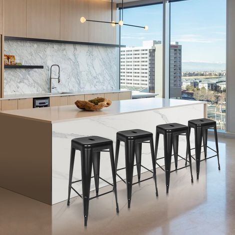 Barhocker Eisen Barstühle 4er Set, Sitzhöhe 76cm Tresenhocker, Stapelbar Metall Bistrohocker mit Fußstütze im Industry Design, Schwarz (1/5)