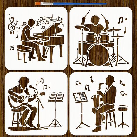 4pcs Pochoirs d'Instrument de Musique avec Pinceau 20x20cm Pochoir Pianiste Pochoir Silhouette Batteur Pochoirs Artisanat Thème Musical pour Peinture sur Carton Mur Tissu Toile DIY (1/5)