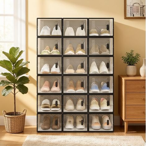 Boîte à chaussures empilable 75x35,5x111,5 cm en plastique transparent et noir, gain de place pour chambre FloraGrace (1/5)