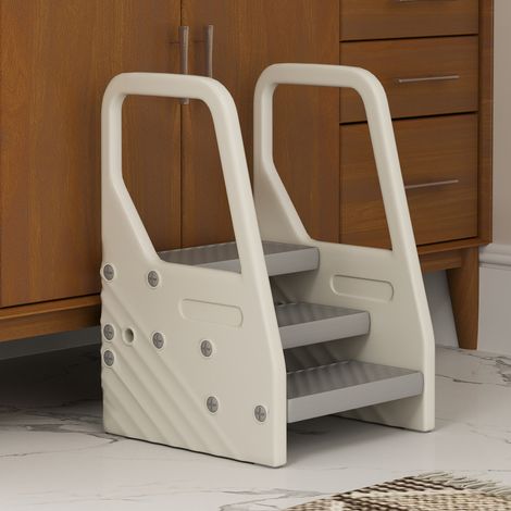 Torre de aprendizaje para niños pequeños con 3 escalones, asa, superficie antideslizante y pies estables, Gris (1/5)