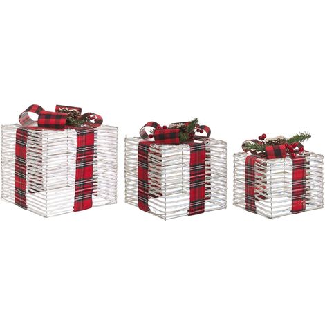 Set di 3 scatole regalo decorative natalizie con luci LED bianche calde, fiocchi e decorazioni festive per interni, bianco sporco Mangen