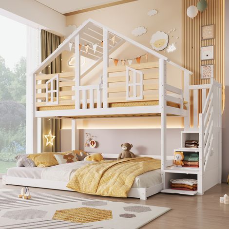 lit superposé enfant cabane 140x200 en pin, avec garde-corps et fenêtre et escalier-rangement et forme cabane et structure stable, blanc/naturel (1/5)
