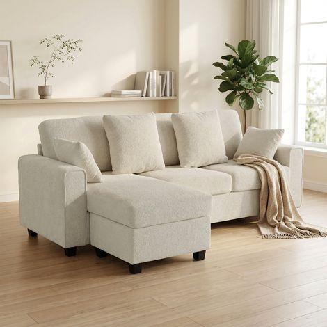 Canapé d'angle avec méridienne réversible, canapé 3 places aspect velours, assise large et profonde, coussins en plumes, beige