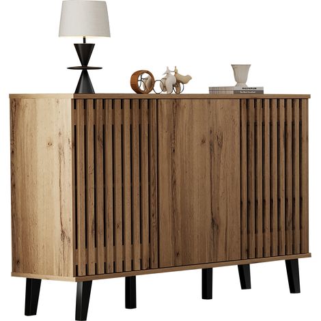 Credenza con 3 Ante e 6 Vani, Finitura Legno Naturale, per Soggiorno, Pannello Truciolare, 150 x 40 x 95 cm (1/5)