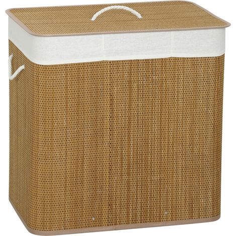 Canasta de ropa de bambú con tapa, 3 compartimentos, recolector de ropa de 144L con asas de cuerda, bolsa de ropa extraíble (1/5)