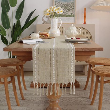 Ahlsen Camino de mesa de lino rústico con borla hecha a mano, estilo granja, 160cm de largo, para decoración de fiesta, comedor, 160x33cm (1/5)