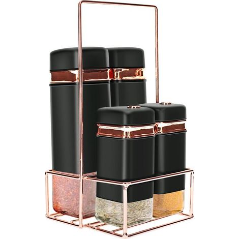 Ensemble de Pots à Condiments - CHEFFINGER - 4 Pots en Verre - Support Métal Cuivré - Élégant - Noir (1/5)