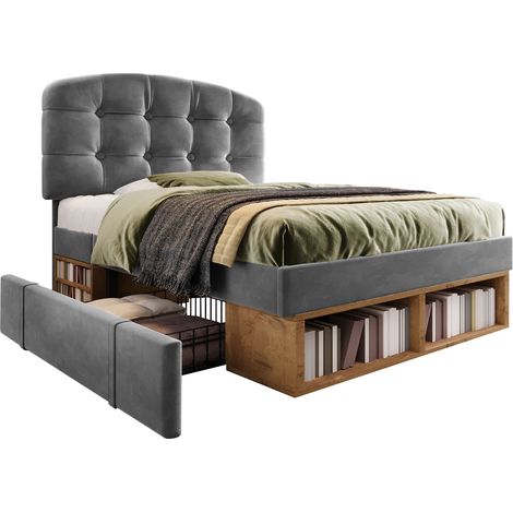 Lit 90x200, sommier à lattes inclus, tête de lit incurvée réglable en hauteur, revêtement velours gris, cadre rembourré avec tiroirs de rangement, lit ado chambre à coucher, sans matelas. (1/5)