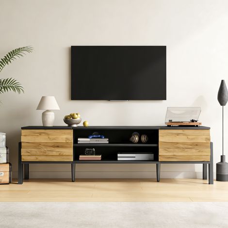Mobile porta TV basso per soggiorno, con 2 ante e ripiani a giorno, in legno e nero, 175x39,5x53 cm