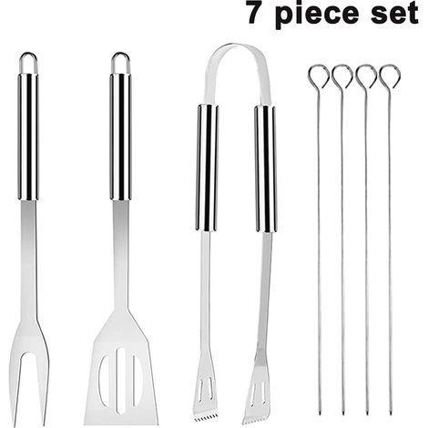Ensemble de 7 ustensiles de barbecue en acier inoxydable comprenant une spatule, une fourchette, une pince et une brochette ronde. Kit complet d'accessoires de barbecue avec sac de transport. Idée cad