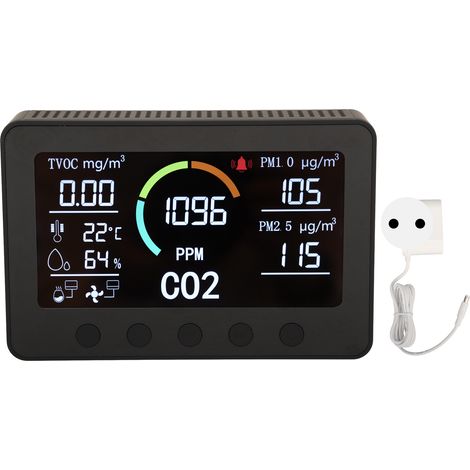 Détecteur de qualité d'air Noir CO2 TVOC PM2.5, écran 7 pouces, moniteur température humidité, capteur gaz, WiFi, prise UE 100-240V (1/5)
