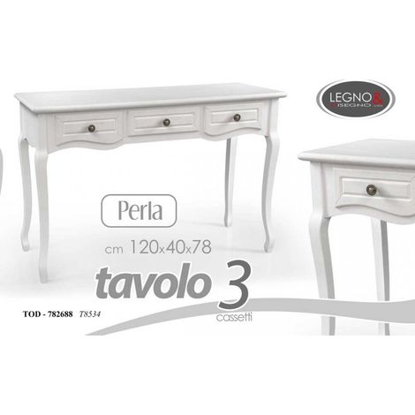Élégante table shabby blanche 120x40x78h trois tiroirs
