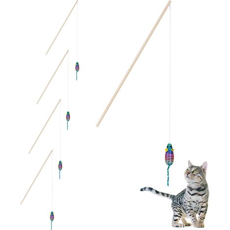 Relaxdays Giochi per Gatto, Set da 5 Bastoncini con Topolino, Canna da Pesca con Topo per Gattini, L 106 cm, Multicolore