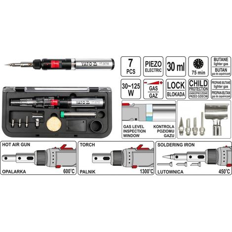Yato YT-36706 saldatore de gas 1300 °C Nero, Rosso, Acciaio inox