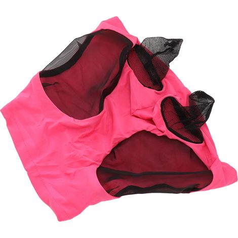 Masque d'équitation en filet, respirant et élastique, avec cache-oreilles, rose rouge. (1/5)