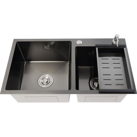HAUTOUR Évier de cuisine en acier inoxydable PVD Nano - Double évier avec distributeur de savon - 78 x 43 x 22 cm - Évier encastrable pour cuisine et buanderie (1/5)