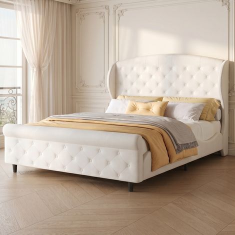 Letto matrimoniale 140x200 cm – Letto per adulti – Stile slitta – Velluto beige – Rete a doghe – Velluto beige (1/5)