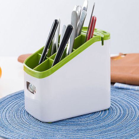 Boîte de rangement multifonctionnelle pour couverts avec égouttoir à couteaux, fourchettes et cuillères, porte-baguettes et boîte à couteaux avec pierre à aiguiser. (1/3)