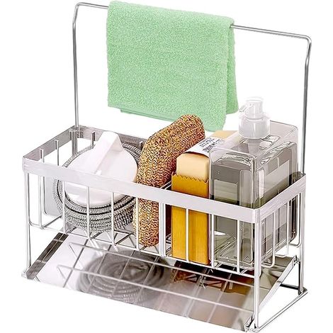 Porte Eponge Evier Cuisine – Organisateur Evier Cuisine Inox avec Egouttoir, Support Eponge avec Bac de Drainage Amovible, Rangement Evier Cuisine Compact avec Porte-Serviettes (1/5)