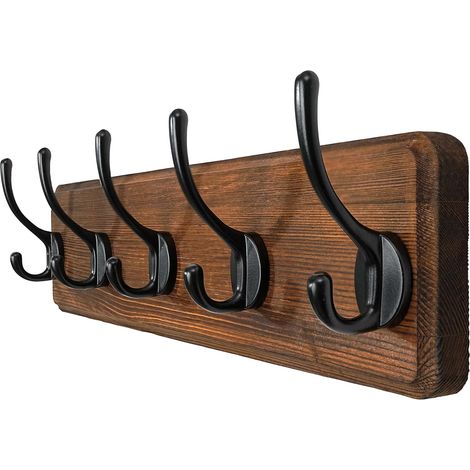 Porte Manteau Mural Bois,Patère Murale,Bois Massif Porte Manteau Salle De Bain,5 Crochets pour Manteaux Veste,Marron (1/5)