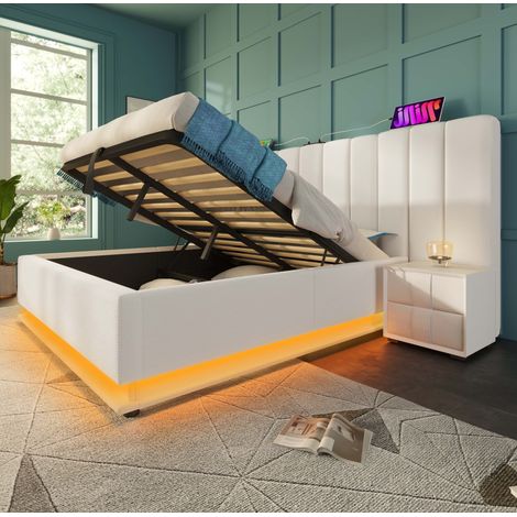 Cama con canapé abatible 160x200 cm en PU blanco con LED y USB-C, ahorro de espacio – MEUBLIV (1/5)