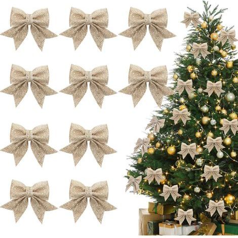 Noeud Champagne GoldNoel, 10 Pièces Arcs de Noël Pailletés, Noeud de Ruban de Noël, Noeud Sapin Noel, Noeuds Pailletés, Decoration Sapin Noel (1/5)