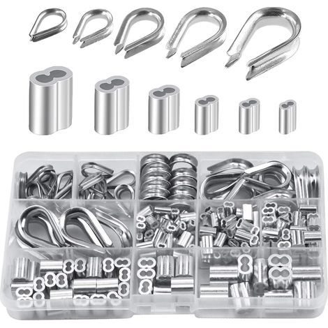 Lot de 250 cosses de câble métallique en aluminium de 6 tailles différentes - Assortiment de manchons à double barillet et 5 cosses de taille pour câble métallique (1/5)