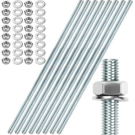 8 pièces Tige filetée M10 Tiges filetées M10 X 300mm Tige filetée Boulon fileté Acier zingué Épingles filetées Zinc bleu Tiges filetées avec 16 pièces Écrou hexagonal et 16 pièces Rondelles (1/5)