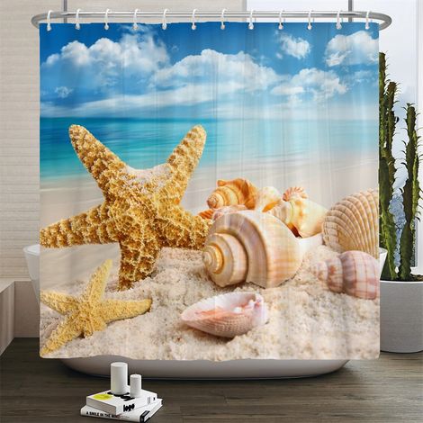 Rideau de douche 3D motif plage, rideau de salle de bain mer Méditerranée, tissu imperméable, dimensions : 90 cm x 180 cm.