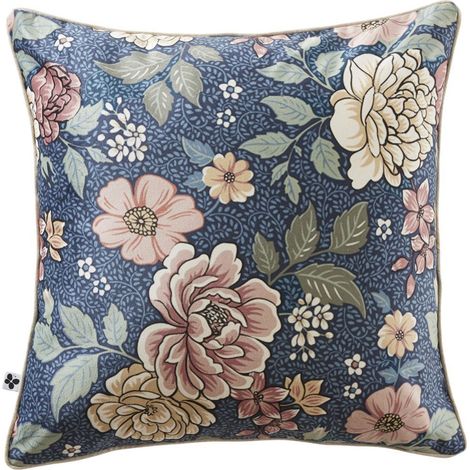 Coussin déhoussable 50x50cm velours imprimé floral coloris bleu - FAUSTINE