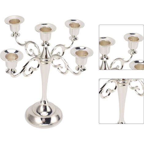 Bougeoir à 5 bras en fer forgé, style rétro, décoratif, centre de table pour la maison ou l'église, couleur argent. (1/5)